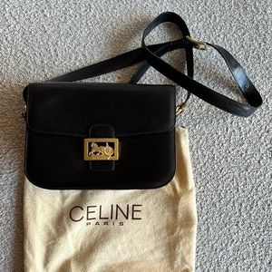 CELINE Vintage Horse Carriage Buckle Black Box Leather Shoulder Bag